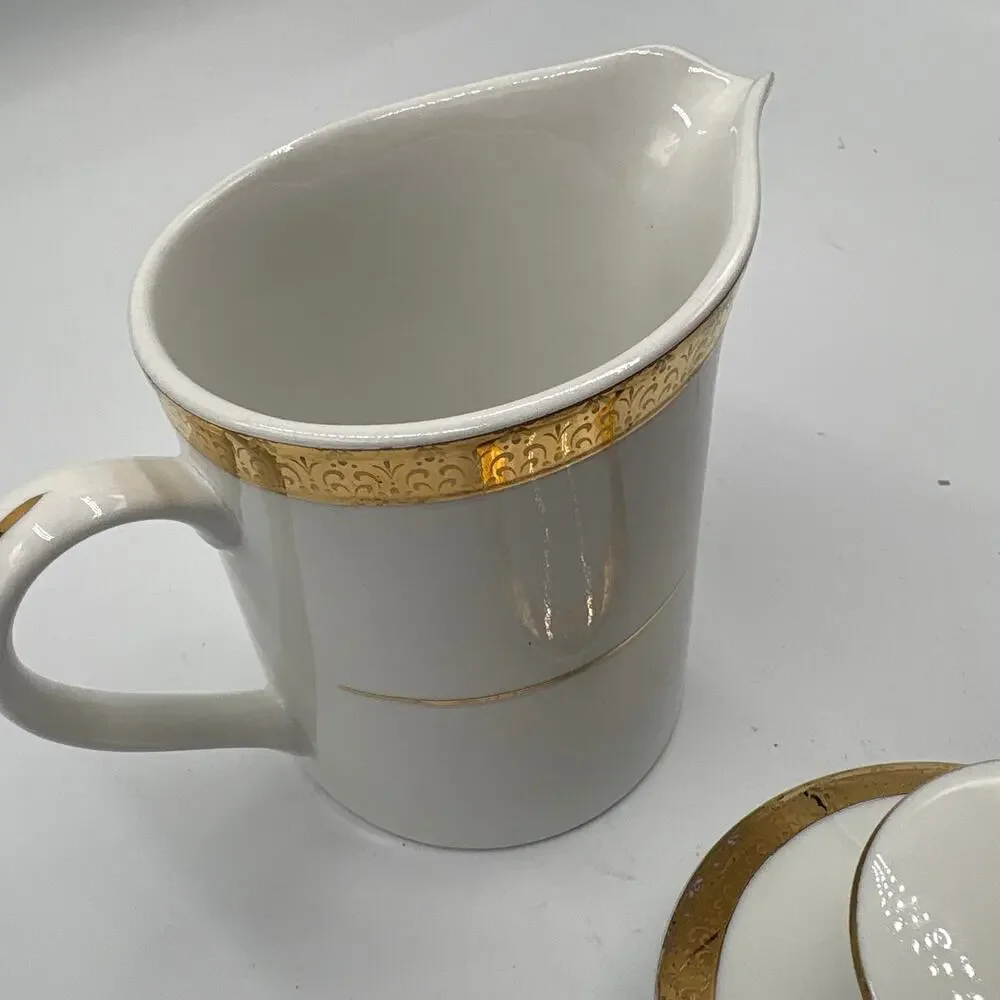 Vintage Sango Porcelain Creamer w/ Lid Georgetown 8455 Gold & White